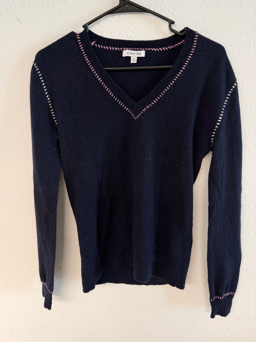 Johnny Was Navy V-Neck Sweater with Pink Stitch Trim